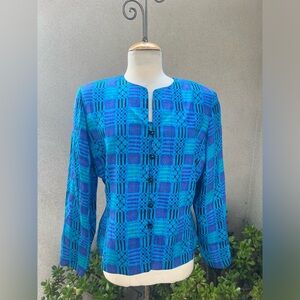 Silk studio blazer jacket blues geometric print lined Sz 14